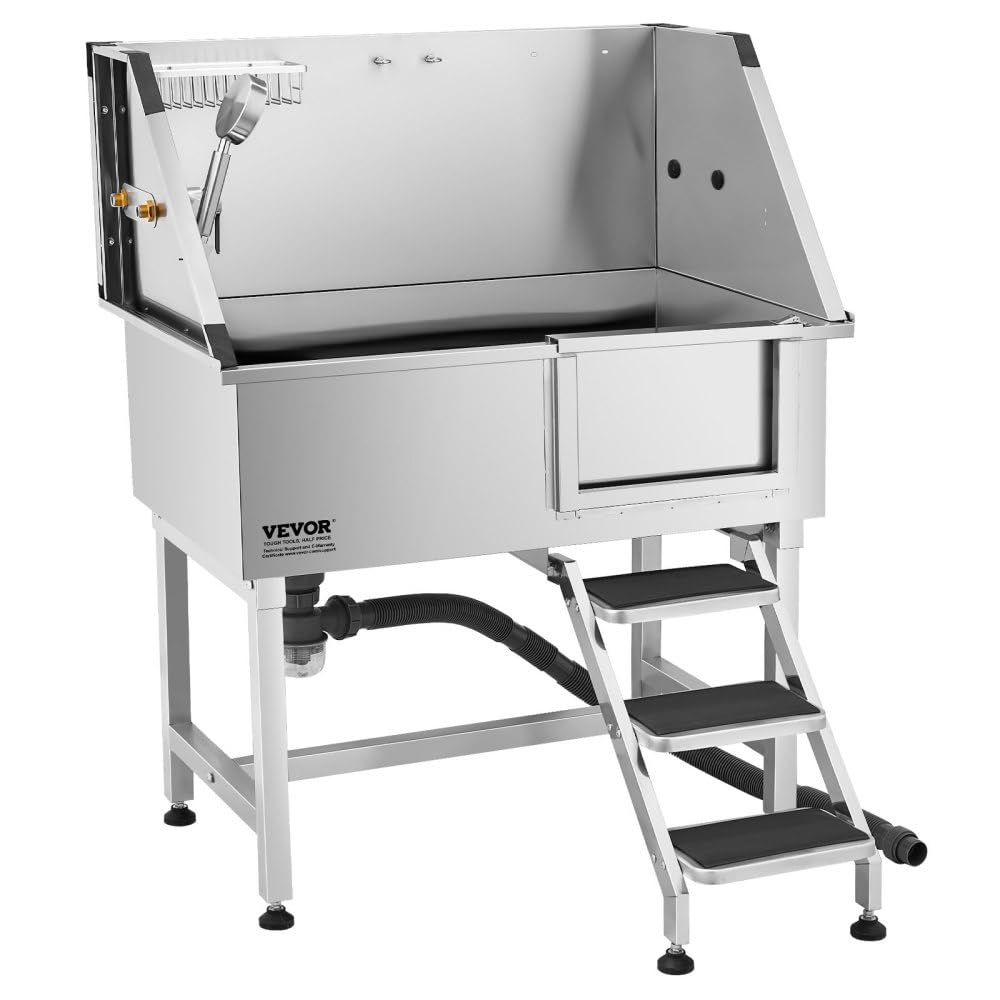 38 Inch Stainless Steel Dog Grooming Tub with Showerhead, Faucet, Bath Mat and Stairs U18704