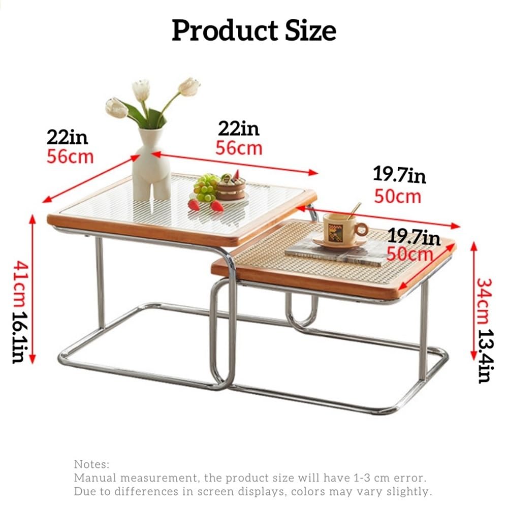 Square Nesting Coffee Table Set of 2 Wooden Rattan Glass Brown L14589