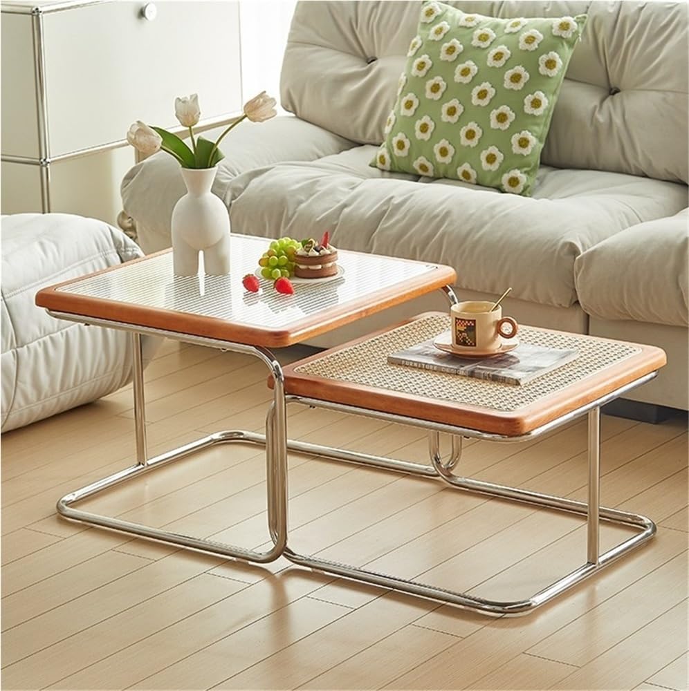 Square Nesting Coffee Table Set of 2 Wooden Rattan Glass Brown L14589