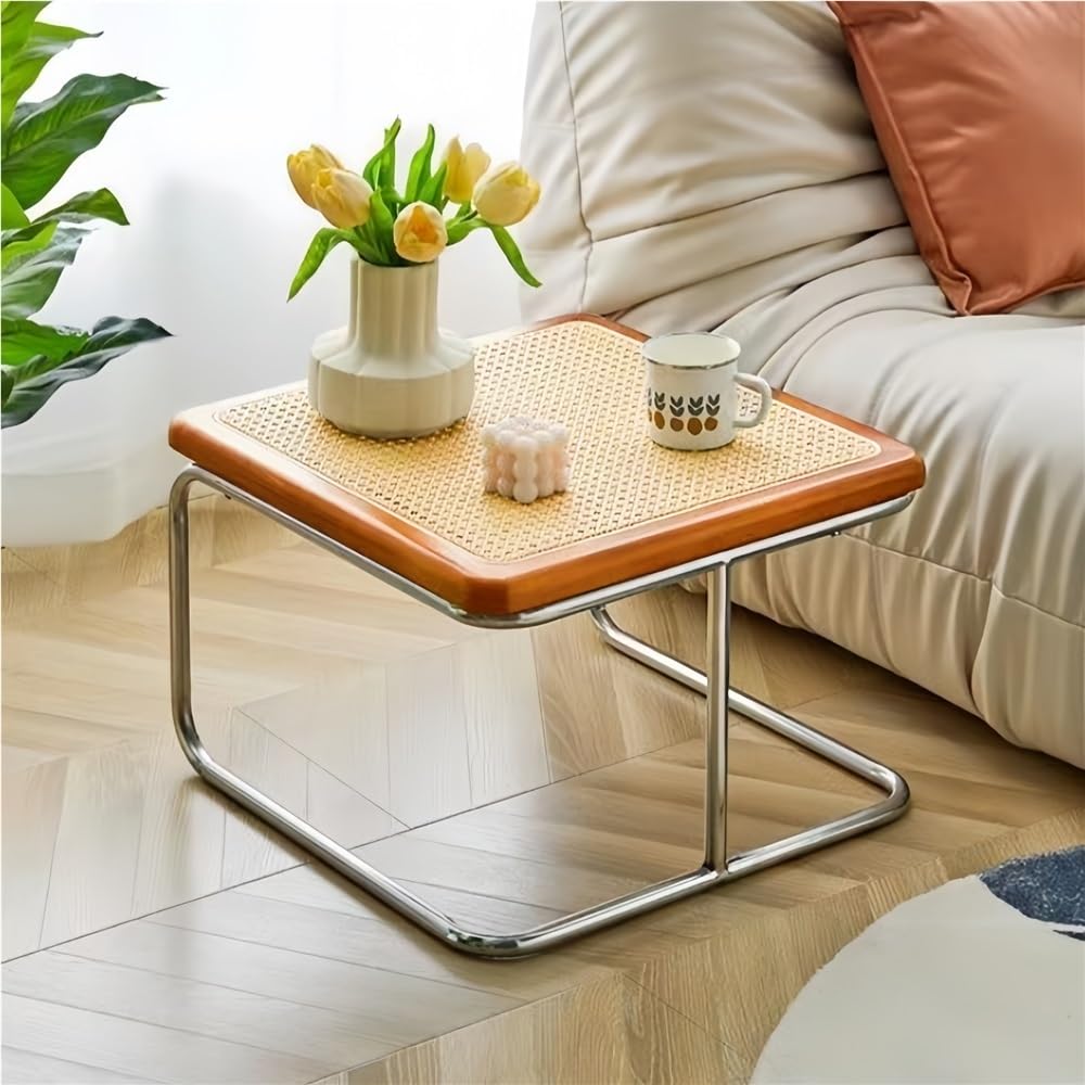 Square Nesting Coffee Table Set of 2 Wooden Rattan Glass Brown L14589