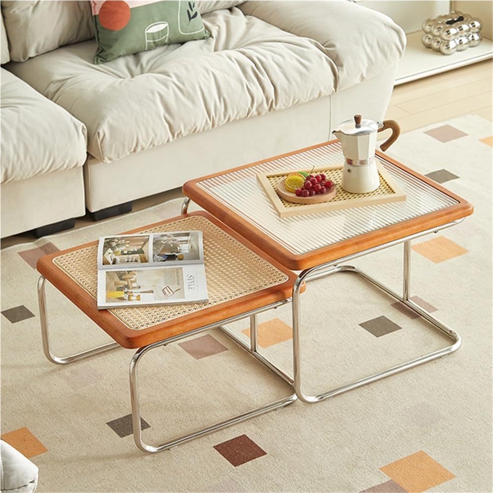 Square Nesting Coffee Table Set of 2 Wooden Rattan Glass Brown L14589