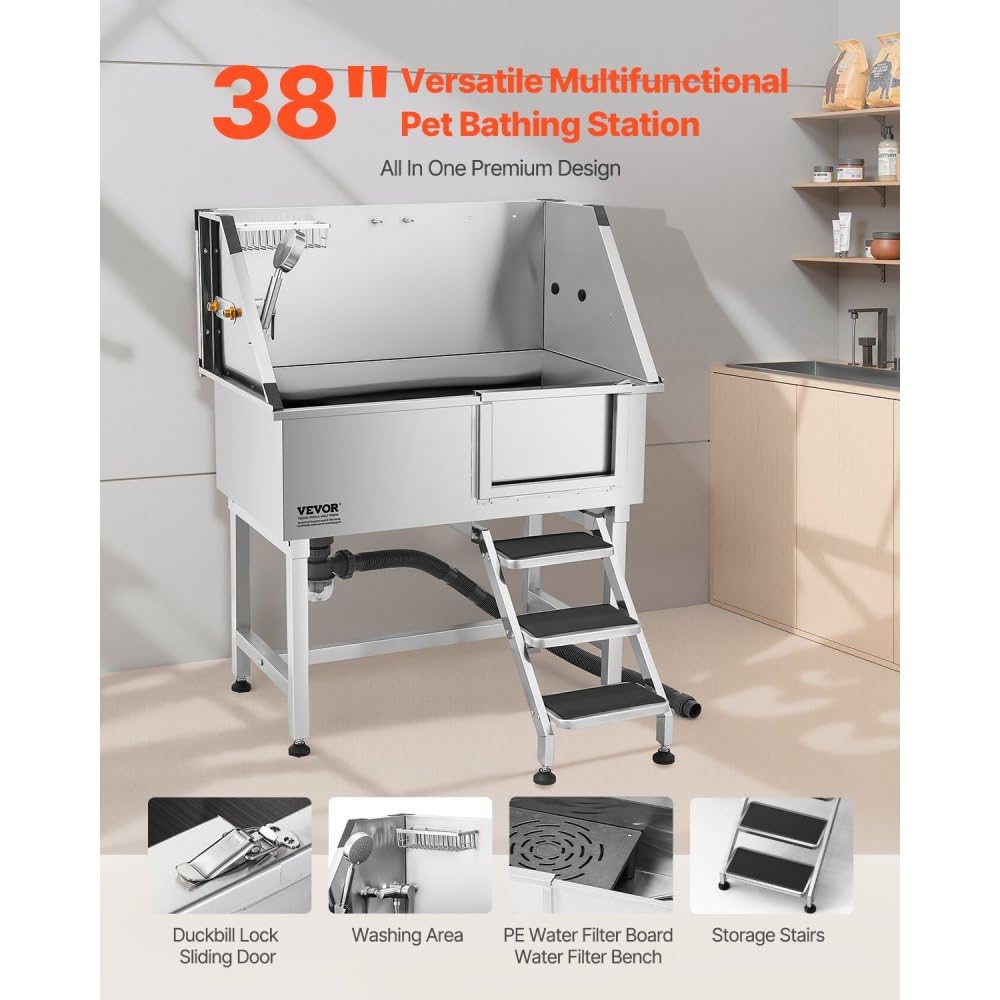 38 Inch Stainless Steel Dog Grooming Tub with Showerhead, Faucet, Bath Mat and Stairs U18704