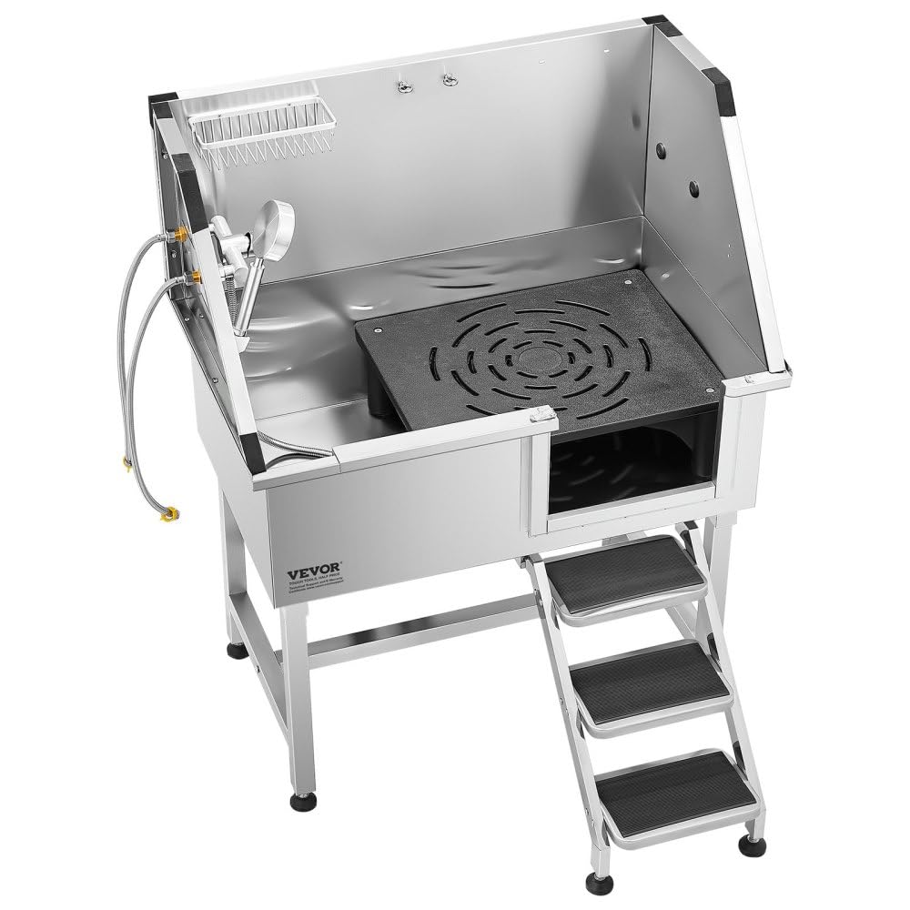 38 Inch Stainless Steel Dog Grooming Tub with Showerhead, Faucet, Bath Mat and Stairs U18704