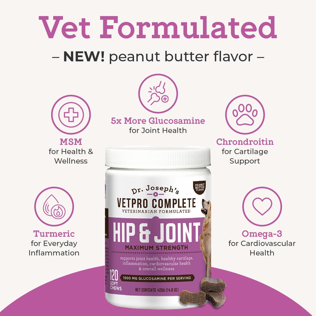 Glucosamine & Chondroitin Dog Joint Supplement Chews, Peanut Butter, 120 Ct D5146
