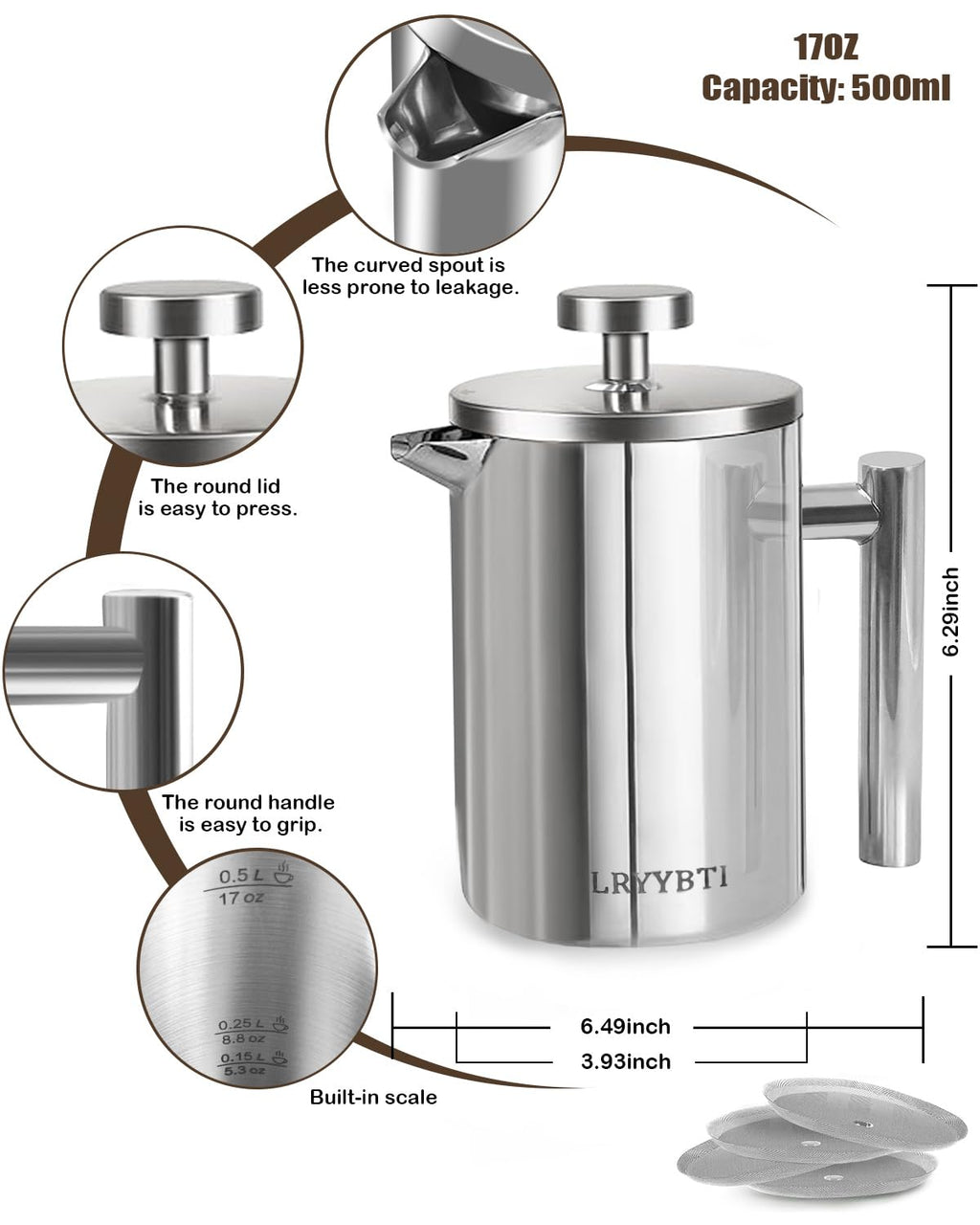 French Press Coffee Maker Stainless Steel 17 OZ F964206