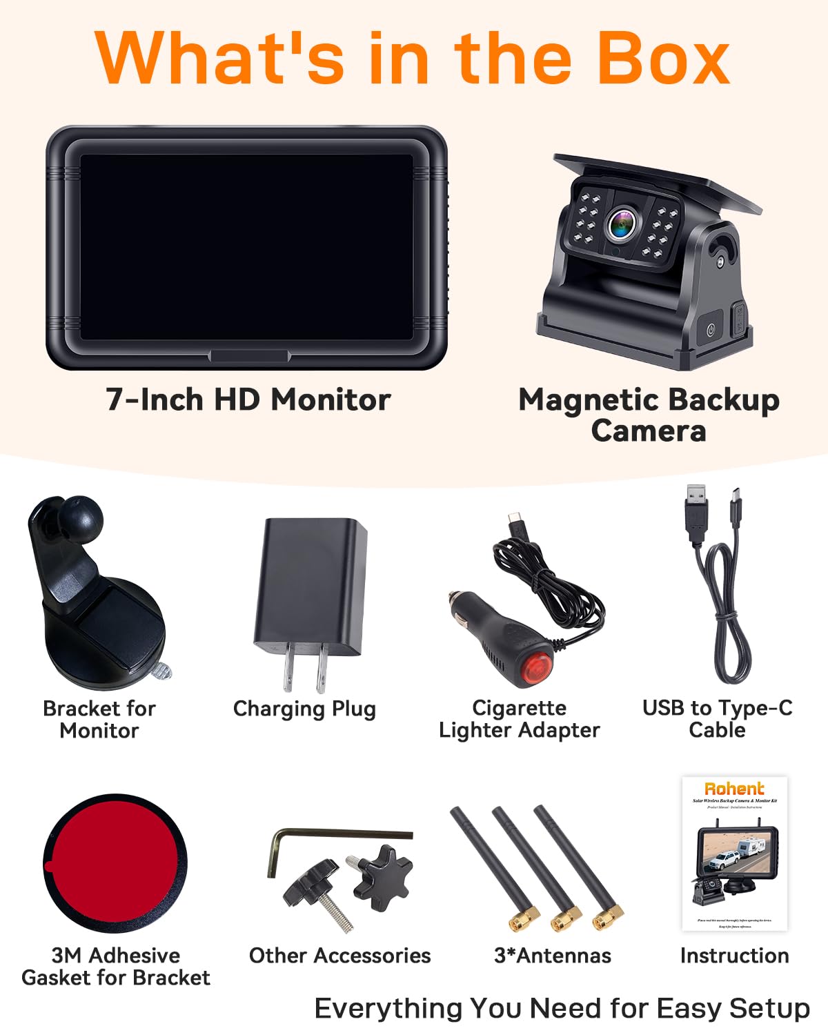 Wireless Solar Magnetic Backup Camera 7-Inch DVR Monitor 1080P HD Night Vision T3379
