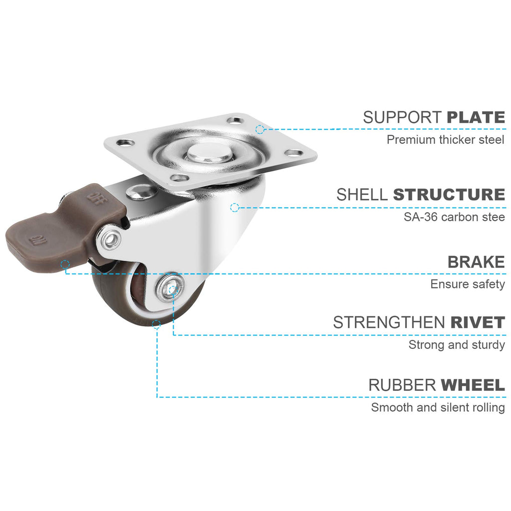 1 Inch TPE Rubber Swivel Caster Wheels Set of 4 with Brakes M6364