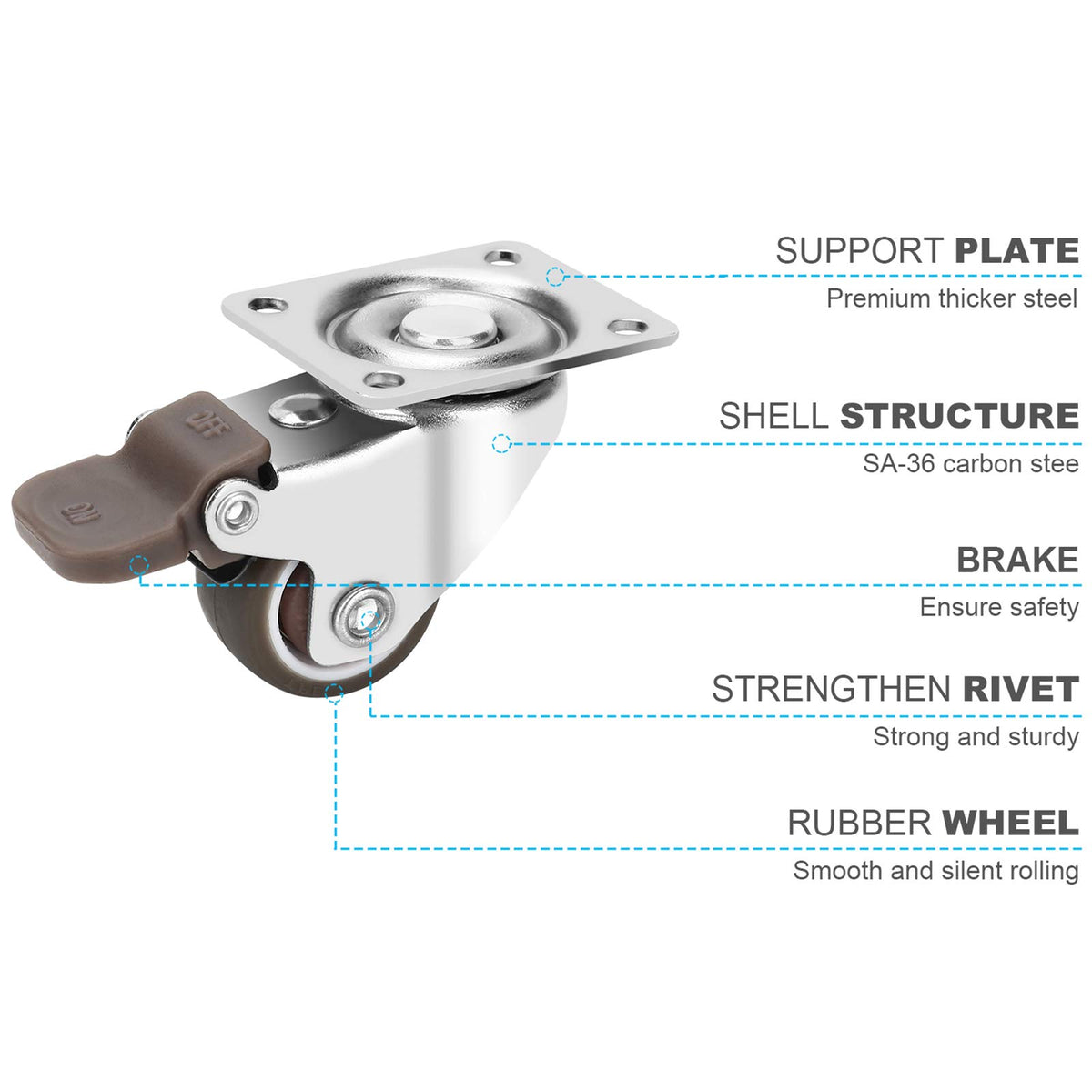 1 Inch TPE Rubber Swivel Caster Wheels Set of 4 with Brakes M6364