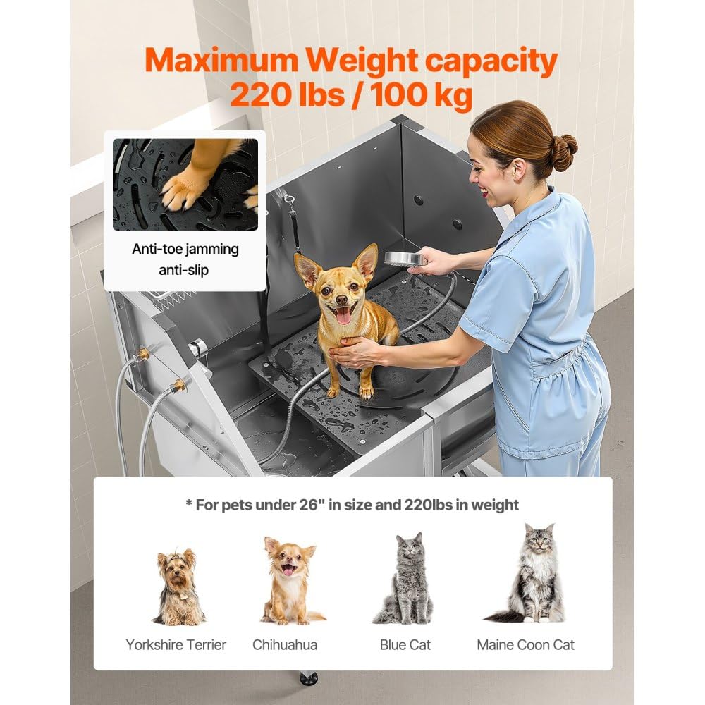 38 Inch Stainless Steel Dog Grooming Tub with Showerhead, Faucet, Bath Mat and Stairs U18704