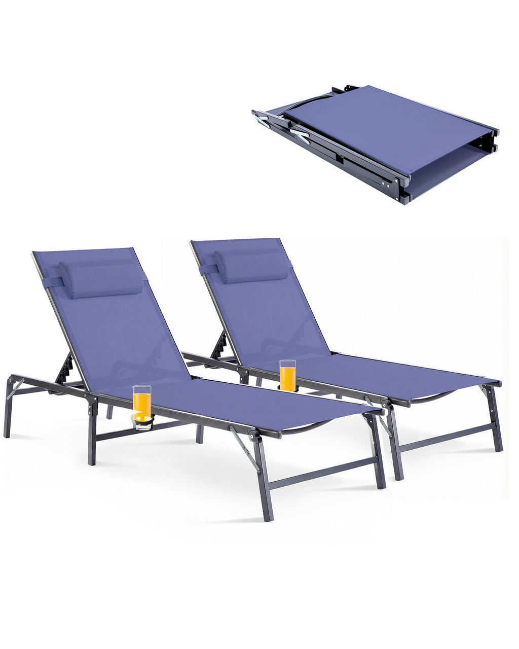 2 Pack Blue Foldable Chaise Lounge Chair with Cup Holder and Pillow V806