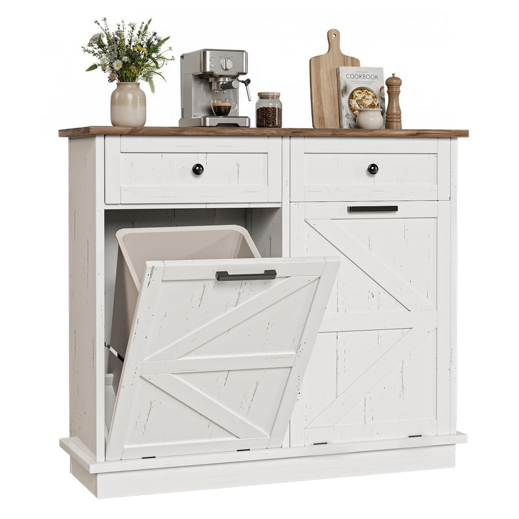 Brown White Double Tilt Out Trash Cabinet with Drawers R7830