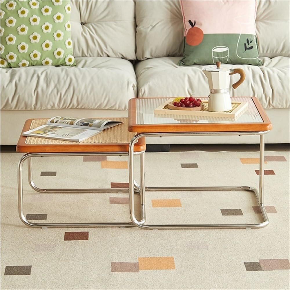 Square Nesting Coffee Table Set of 2 Wooden Rattan Glass Brown L14589