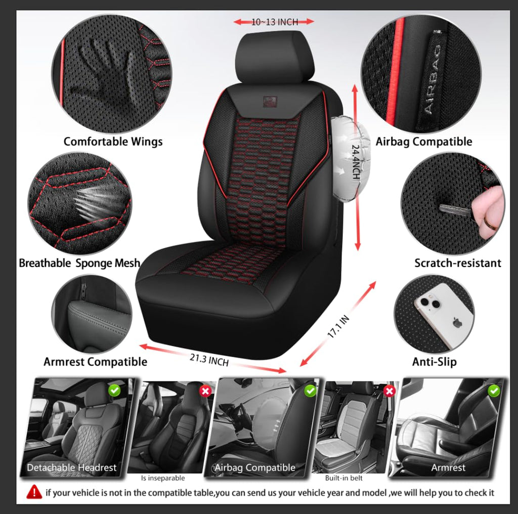 3D Foam Mesh Faux Leather Car Seat Covers Full Set, Black and Red A2508