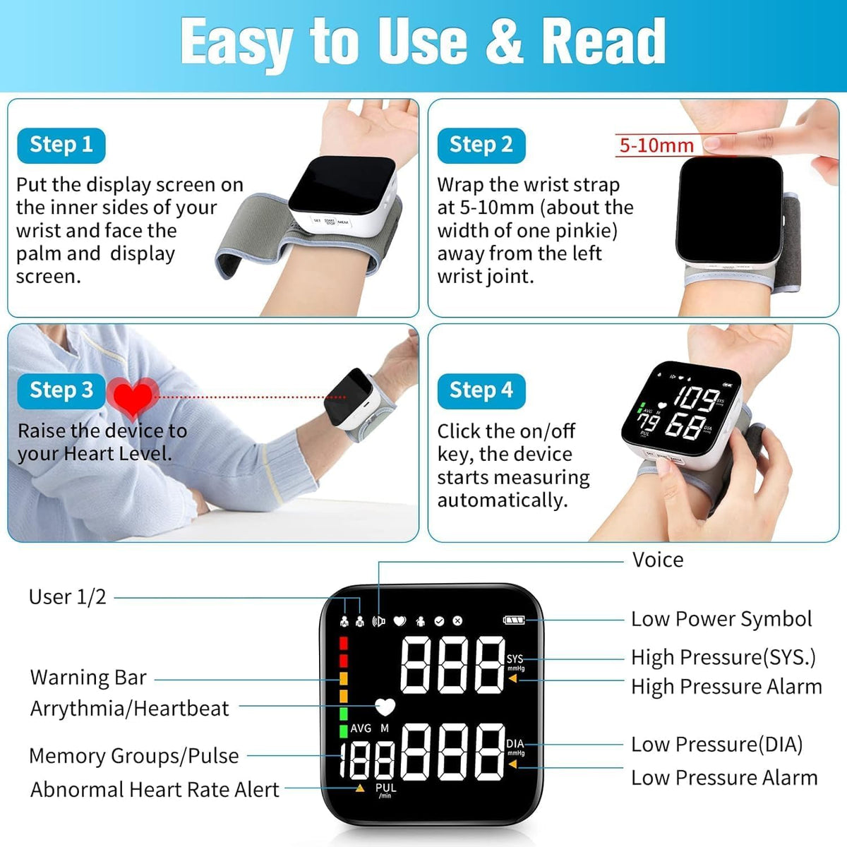 Wrist Blood Pressure Monitor with 90X2 Readings Memory F387