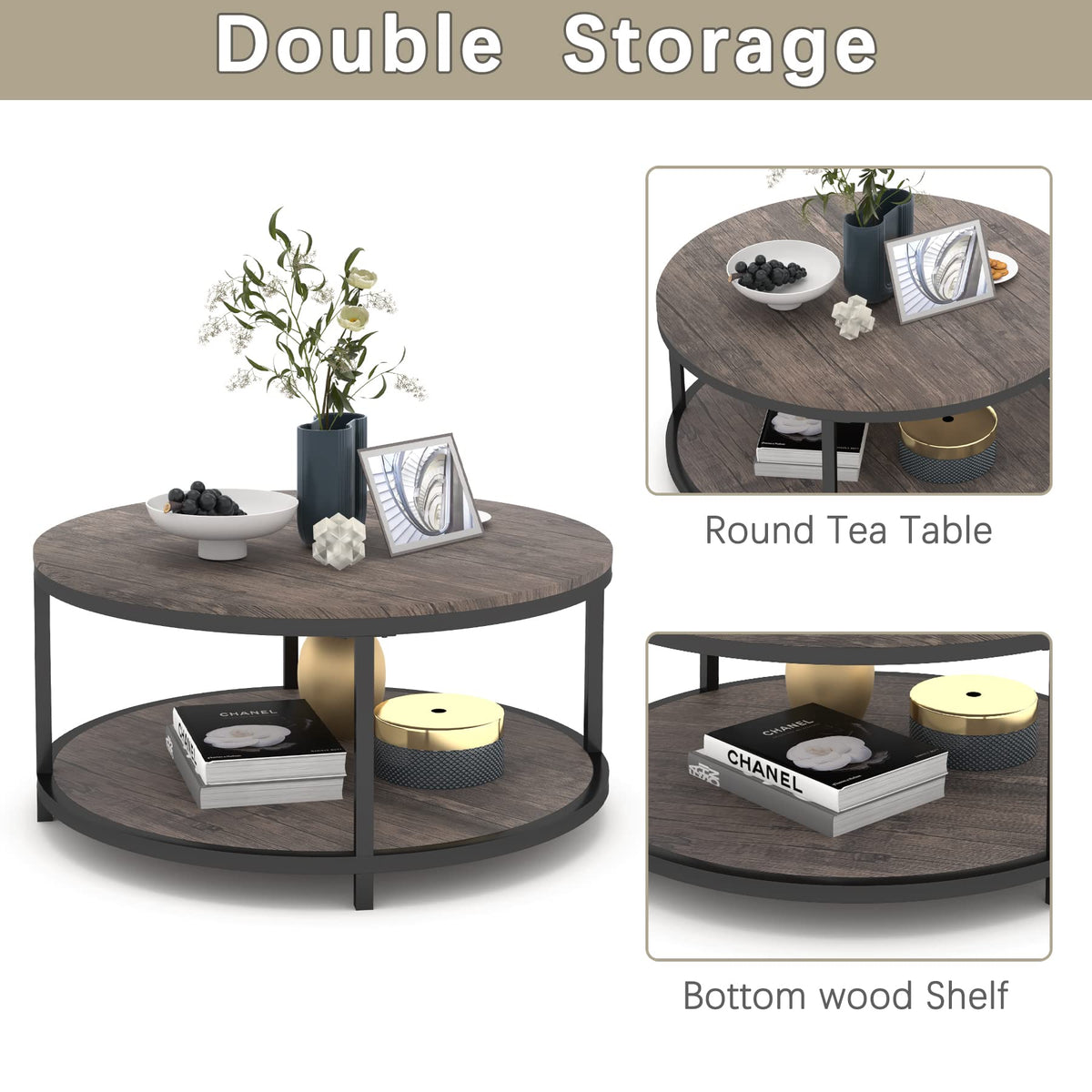 Round 2-Tier Wood Coffee Table with Storage Shelf Y5547