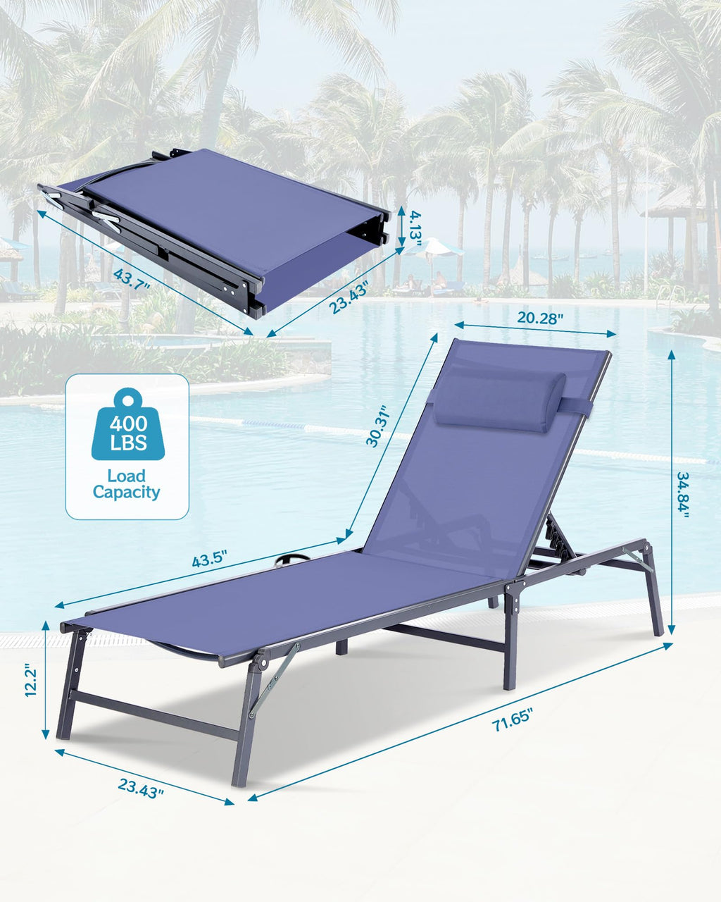 2 Pack Blue Foldable Chaise Lounge Chair with Cup Holder and Pillow V806