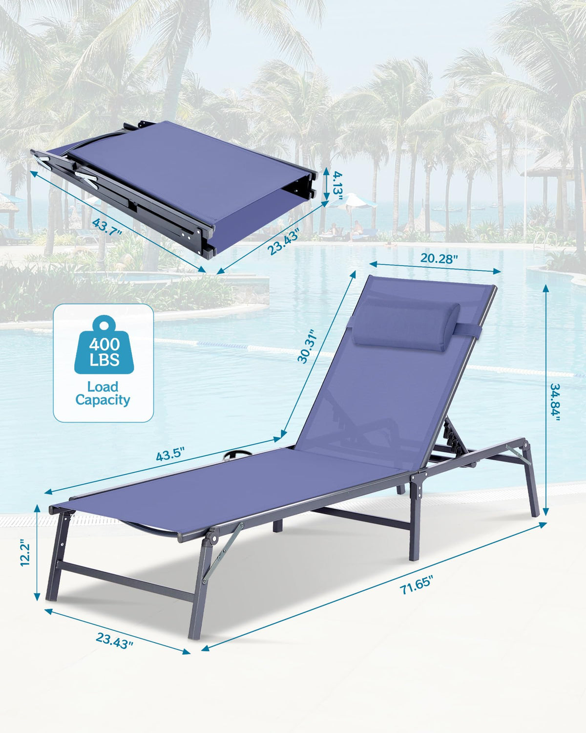 2 Pack Blue Foldable Chaise Lounge Chair with Cup Holder and Pillow V806