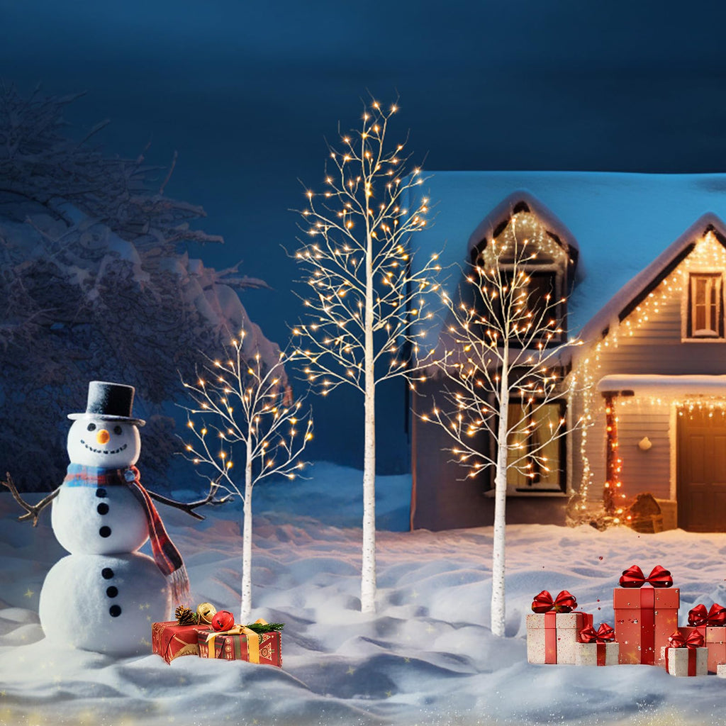 White Birch Tree with Lights Set of 3 Christmas Decorations with Warm White Lights F302