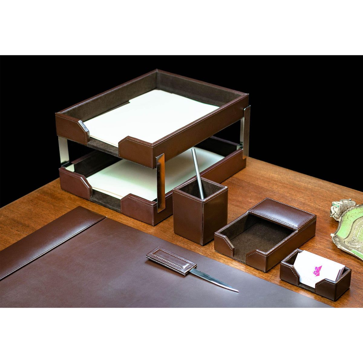Dark Brown Bonded Leather 8-Piece Desk Accessory Set X48099