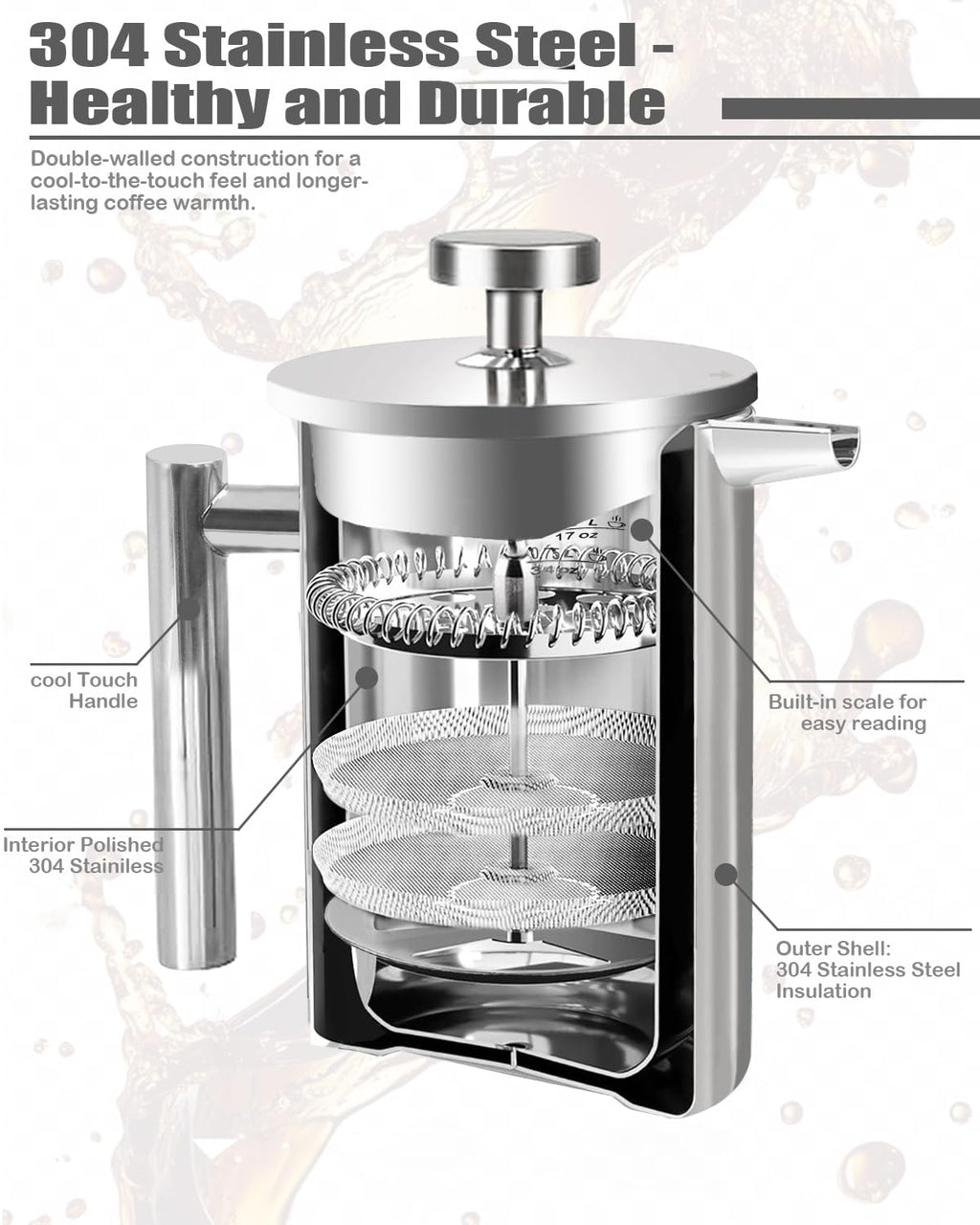 French Press Coffee Maker Stainless Steel 17 OZ F964206