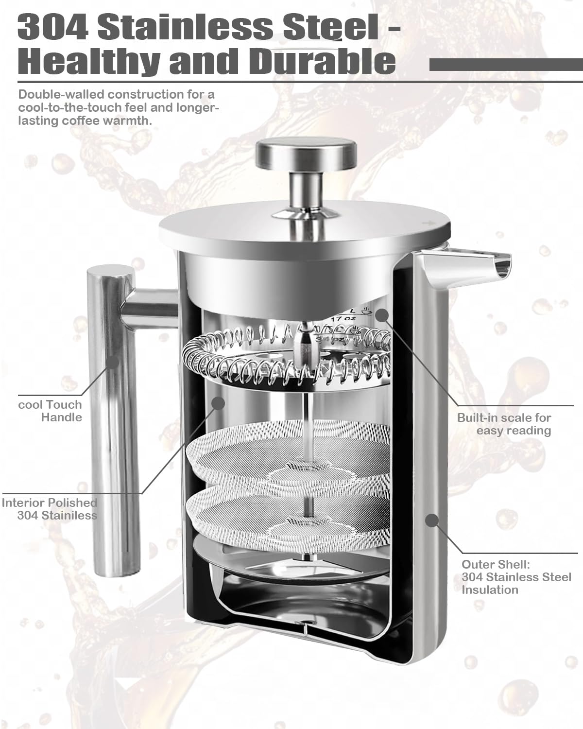 French Press Coffee Maker Stainless Steel 17 OZ F964206