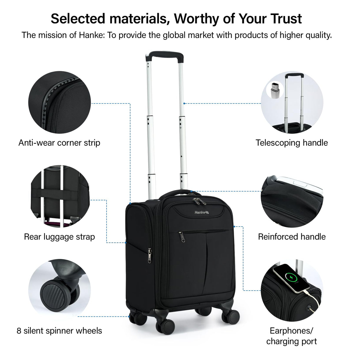 Black 16 Inch Underseat Carry On Luggage with Spinner Wheels F95070