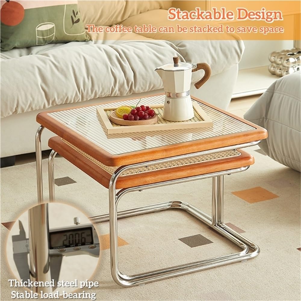 Square Nesting Coffee Table Set of 2 Wooden Rattan Glass Brown L14589