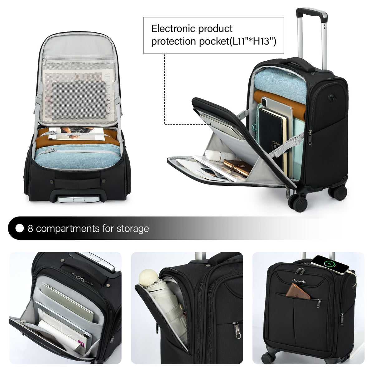 Black 16 Inch Underseat Carry On Luggage with Spinner Wheels F95070