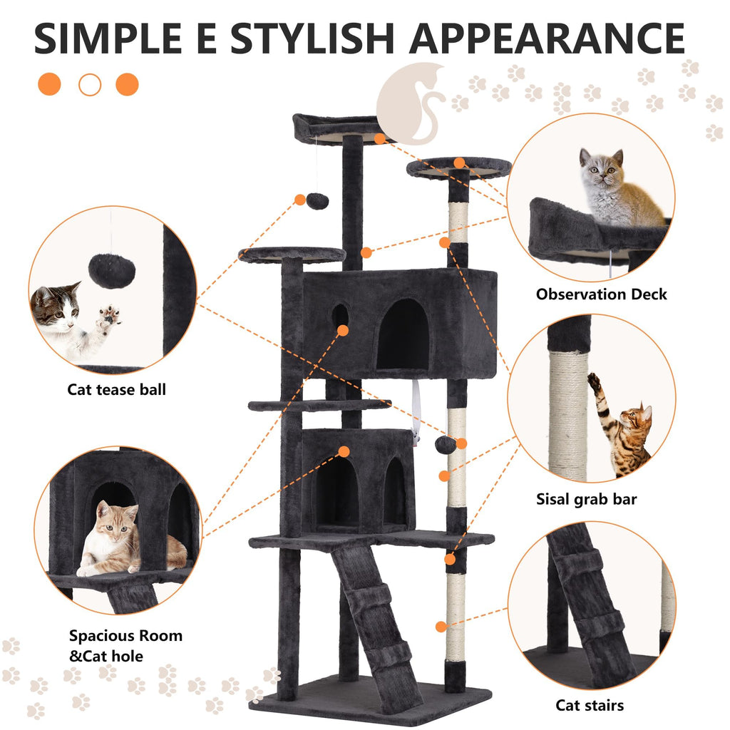 70 Inch Dark Grey Cat Tree Tower with Scratching Post J263