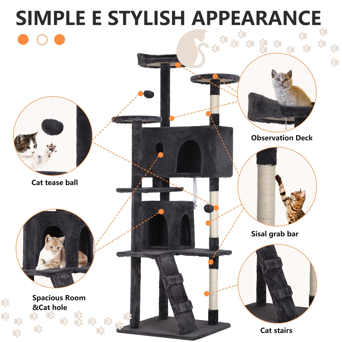 70 Inch Dark Grey Cat Tree Tower with Scratching Post J263
