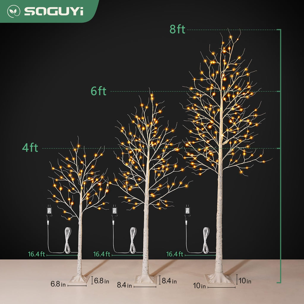 White Birch Tree with Lights Set of 3 Christmas Decorations with Warm White Lights F302