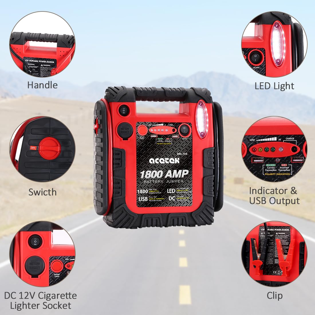 1800A Peak Car Jump Starter, 20000mAh Battery Booster, 12V Portable Power Bank with LED Light B4863