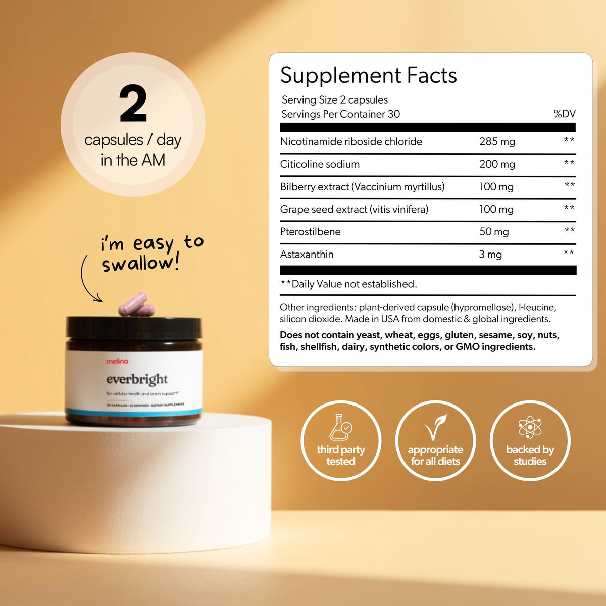 NAD+ Supplement with Nicotinamide Riboside NR, Citicoline, Pterostilbene & Astaxanthin, 30 Servings C7045