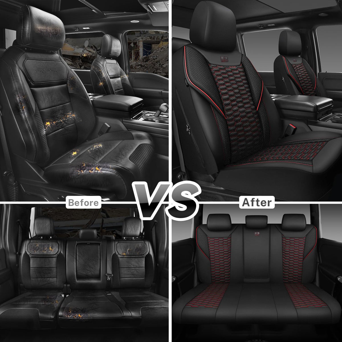 3D Foam Mesh Faux Leather Car Seat Covers Full Set, Black and Red A2508