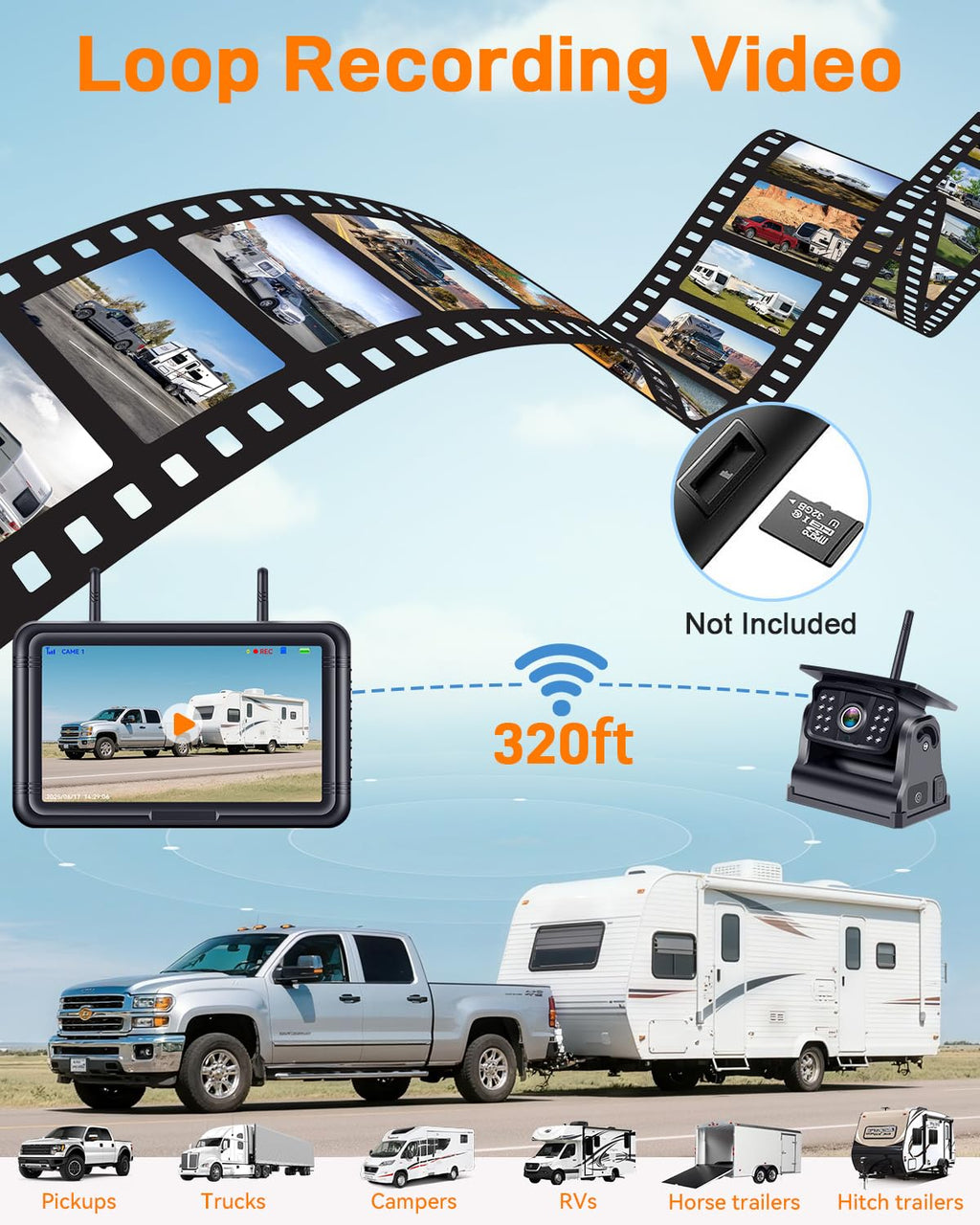Wireless Solar Magnetic Backup Camera 7-Inch DVR Monitor 1080P HD Night Vision T3379