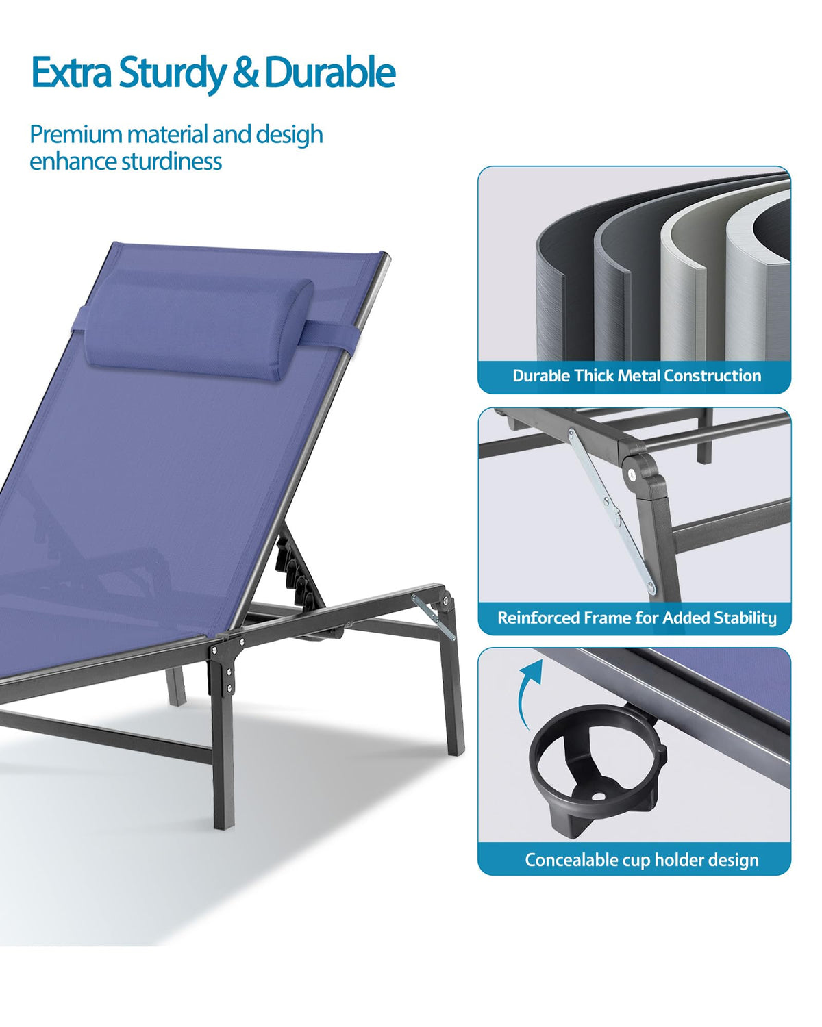2 Pack Blue Foldable Chaise Lounge Chair with Cup Holder and Pillow V806