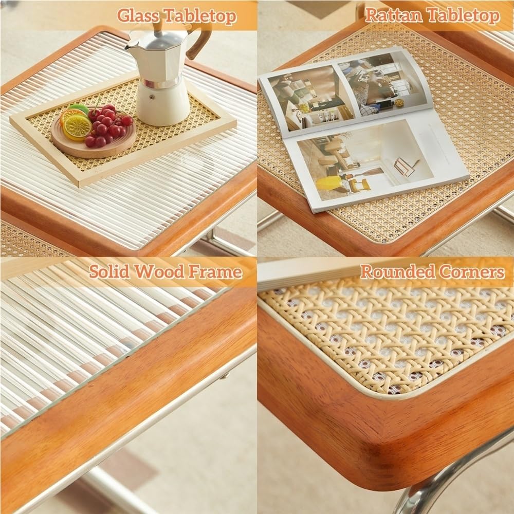 Square Nesting Coffee Table Set of 2 Wooden Rattan Glass Brown L14589