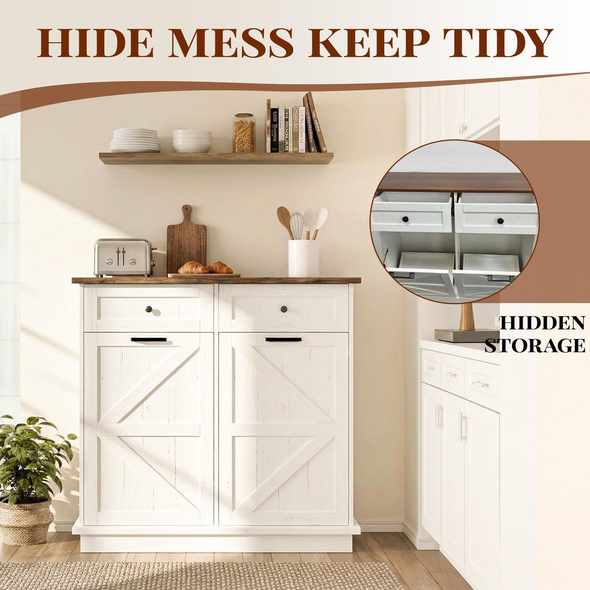 Brown White Double Tilt Out Trash Cabinet with Drawers R7830