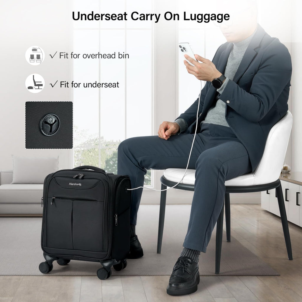 Black 16 Inch Underseat Carry On Luggage with Spinner Wheels F95070