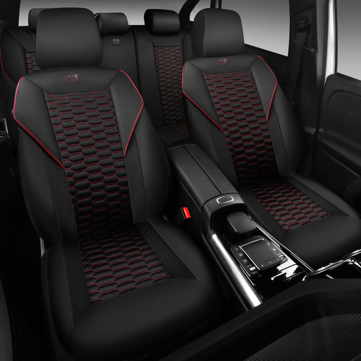 3D Foam Mesh Faux Leather Car Seat Covers Full Set, Black and Red A2508