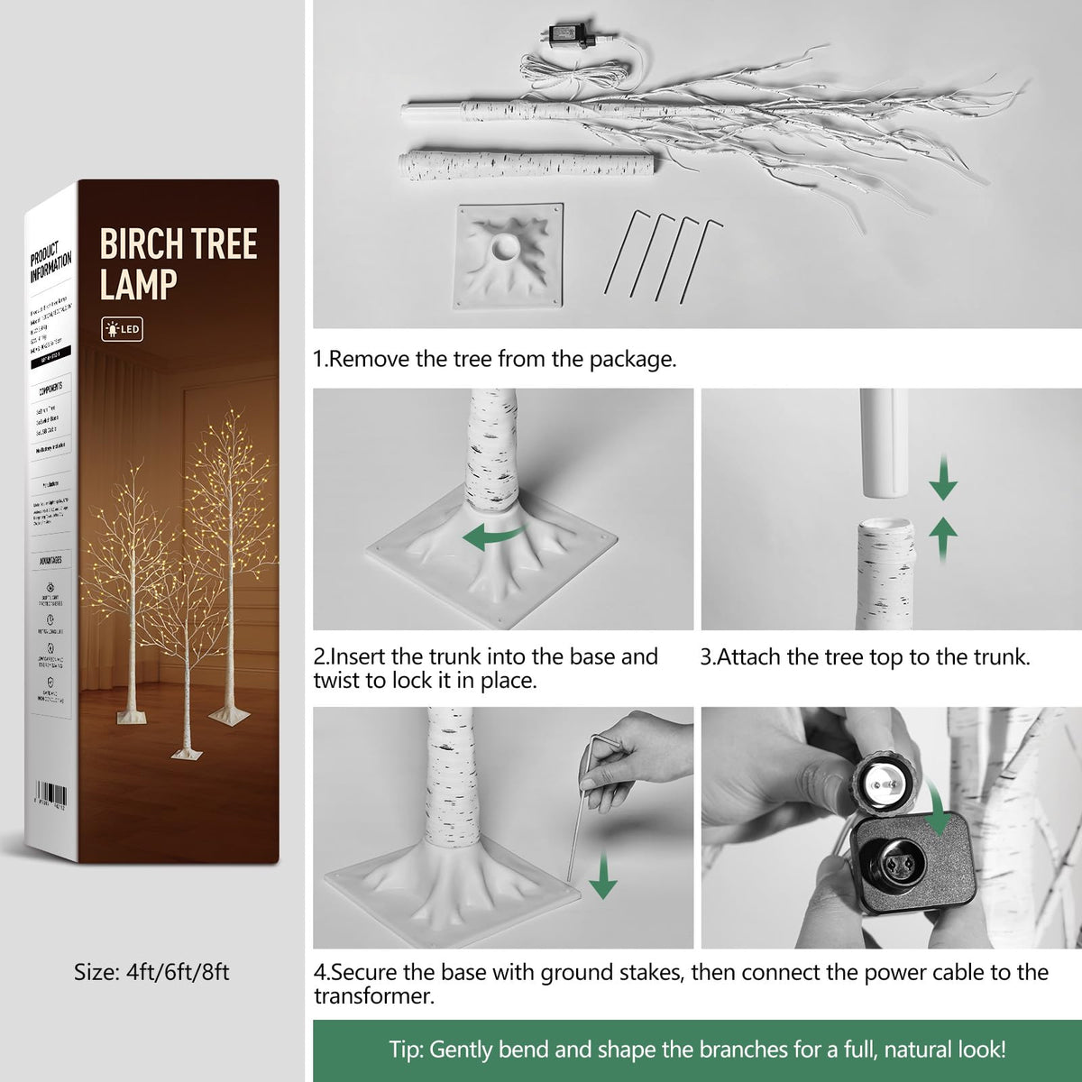 White Birch Tree with Lights Set of 3 Christmas Decorations with Warm White Lights F302