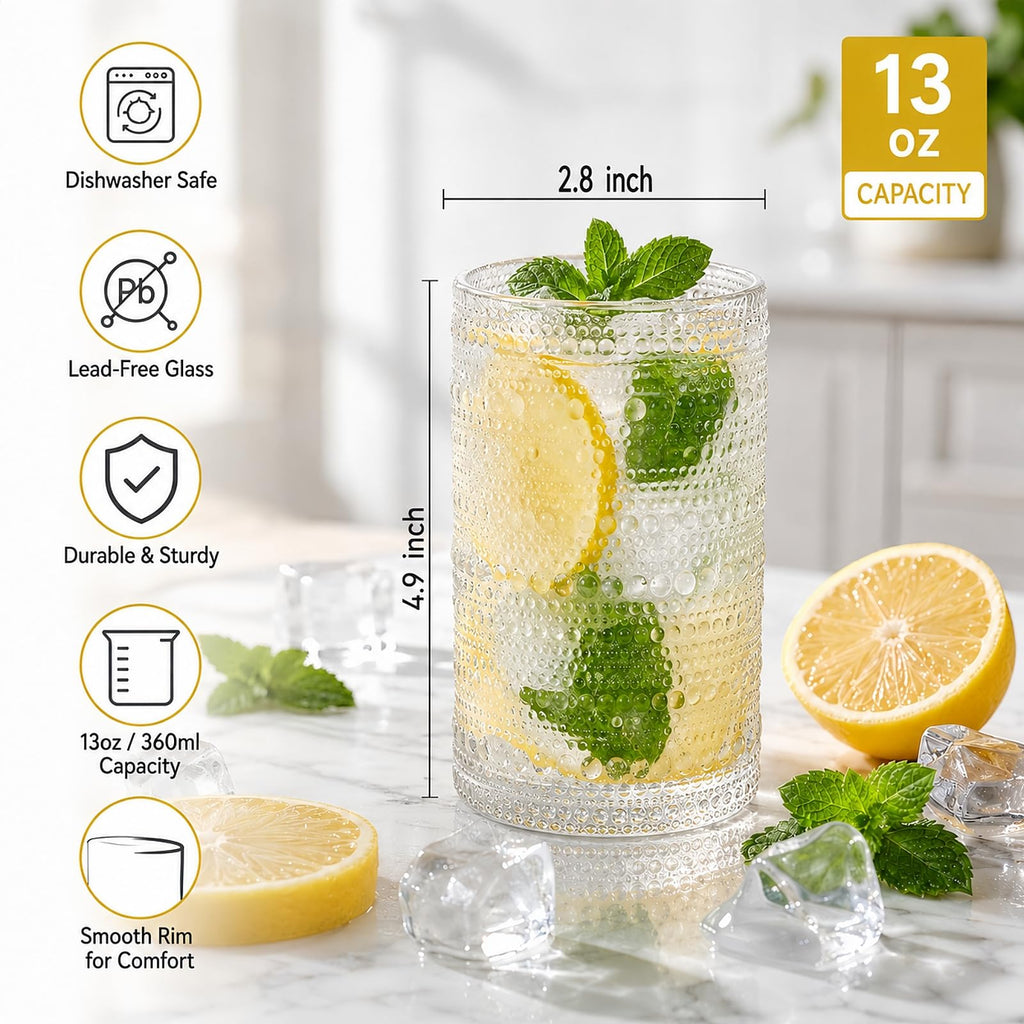 Set of 6 Vintage Hobnail Drinking Glasses, 13 oz Clear Embossed Glassware A762413