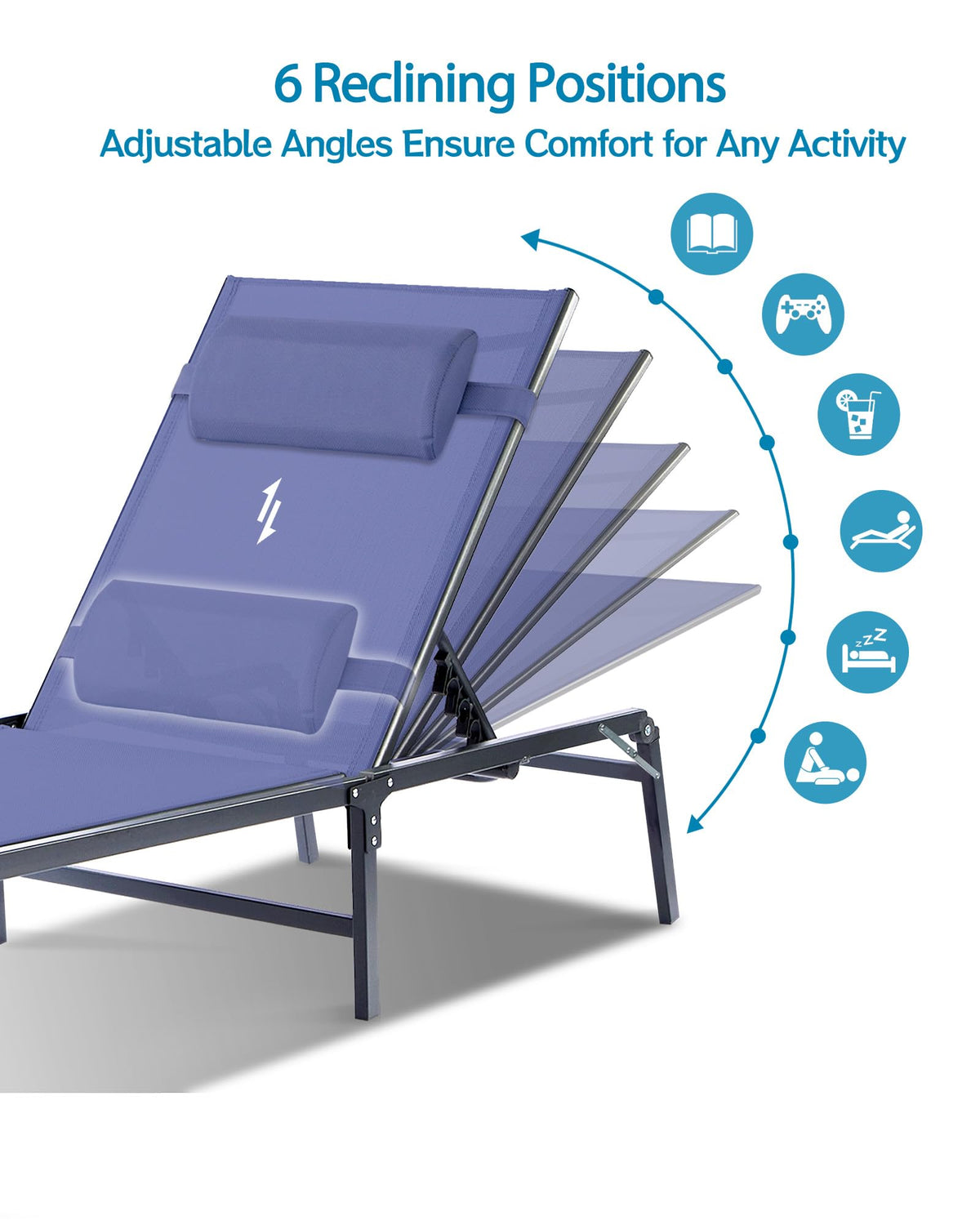 2 Pack Blue Foldable Chaise Lounge Chair with Cup Holder and Pillow V806