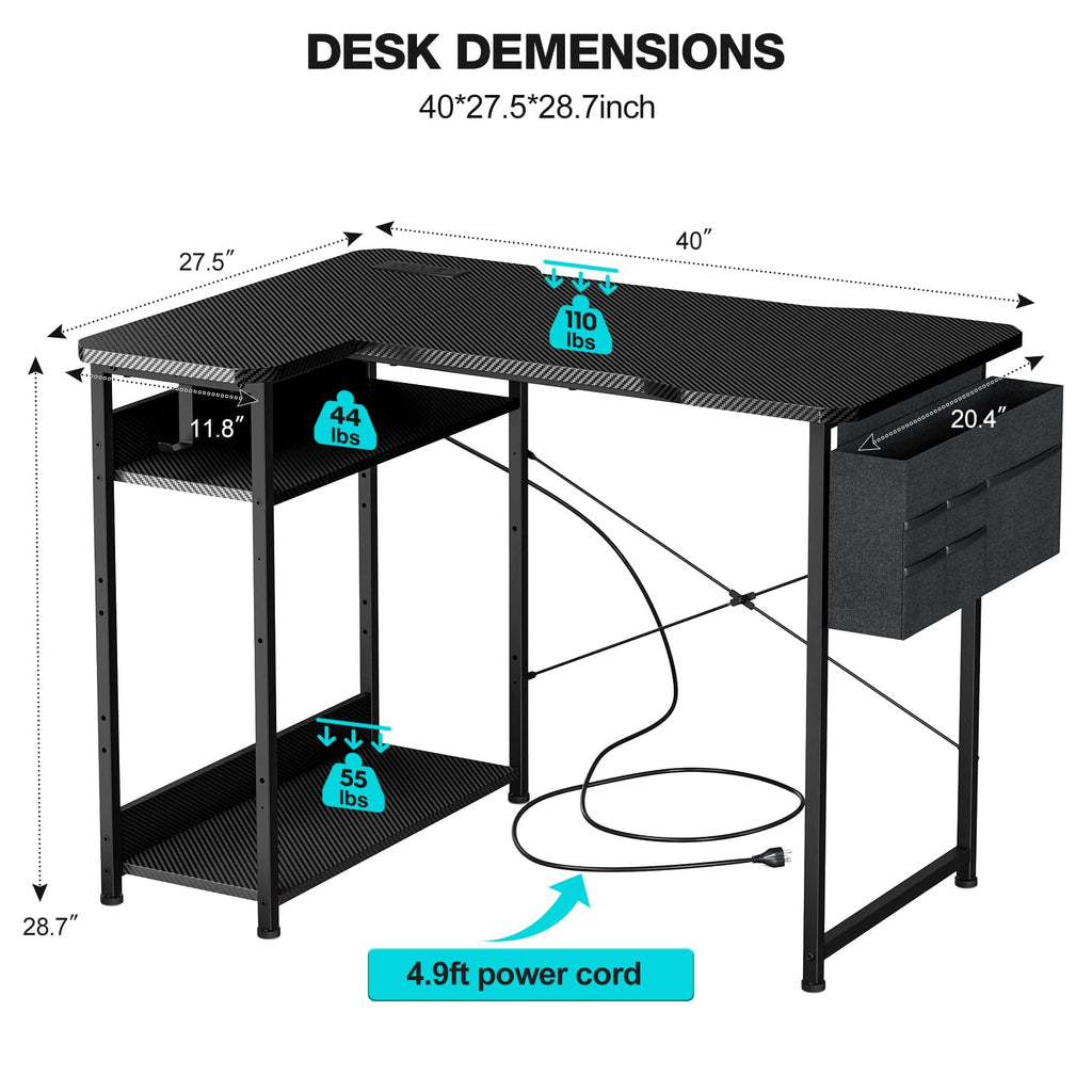 L Shaped Gaming Desk 40 Inch Black Carbon J746