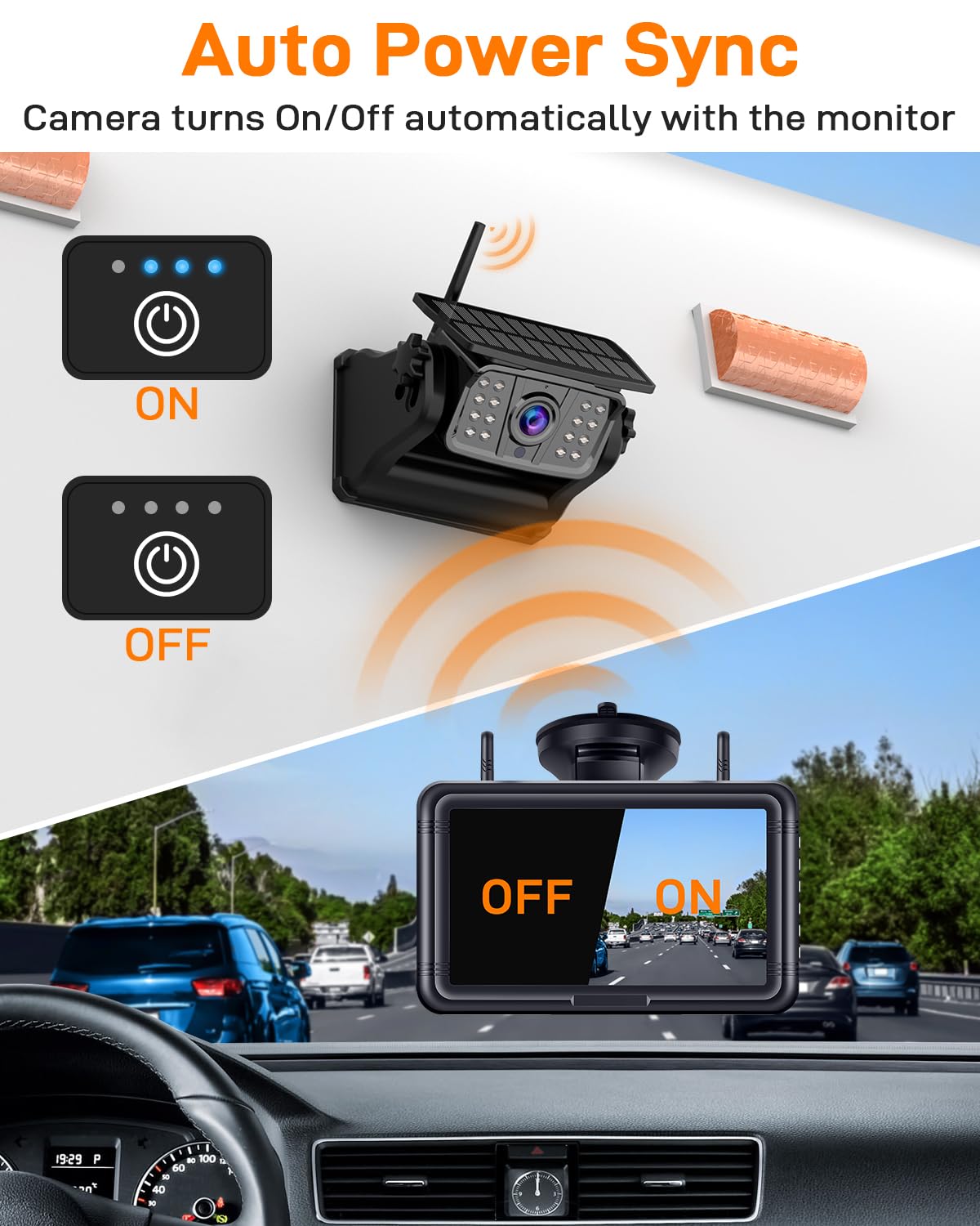 Wireless Solar Magnetic Backup Camera 7-Inch DVR Monitor 1080P HD Night Vision T3379