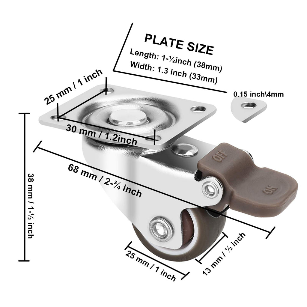 1 Inch TPE Rubber Swivel Caster Wheels Set of 4 with Brakes M6364