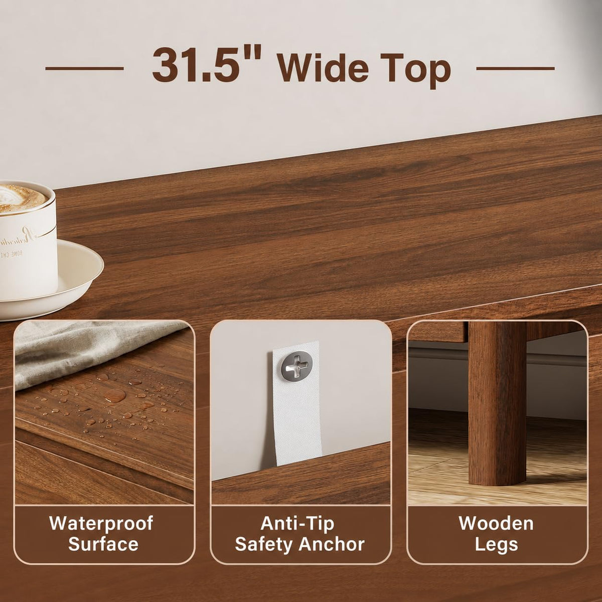 31.5" Wide 3 Drawer Wood Dresser with Legs, Walnut Y990926