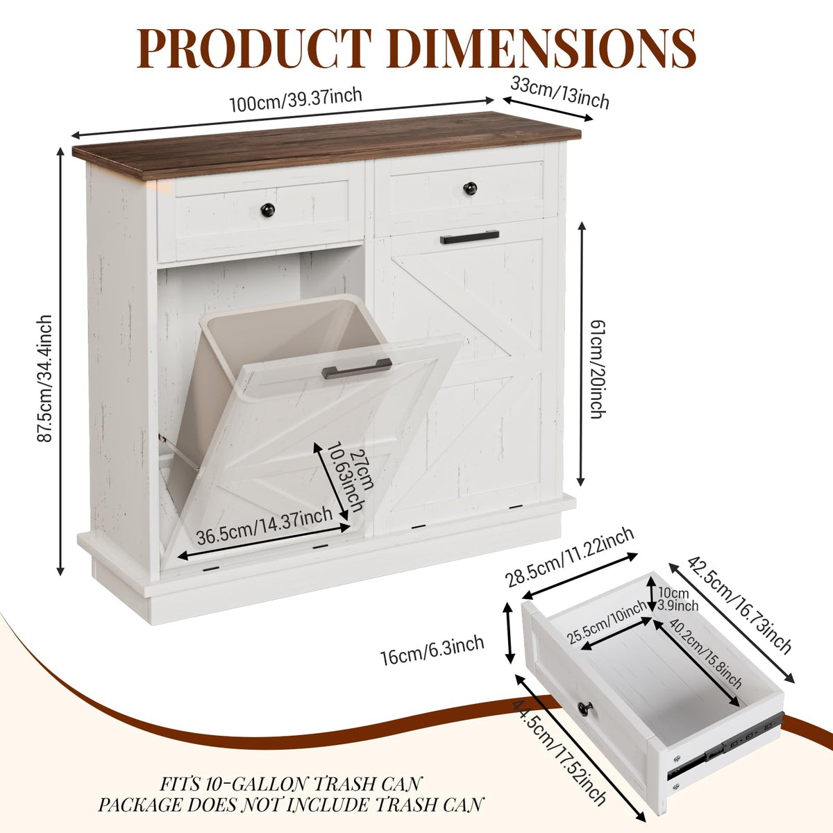 Brown White Double Tilt Out Trash Cabinet with Drawers R7830