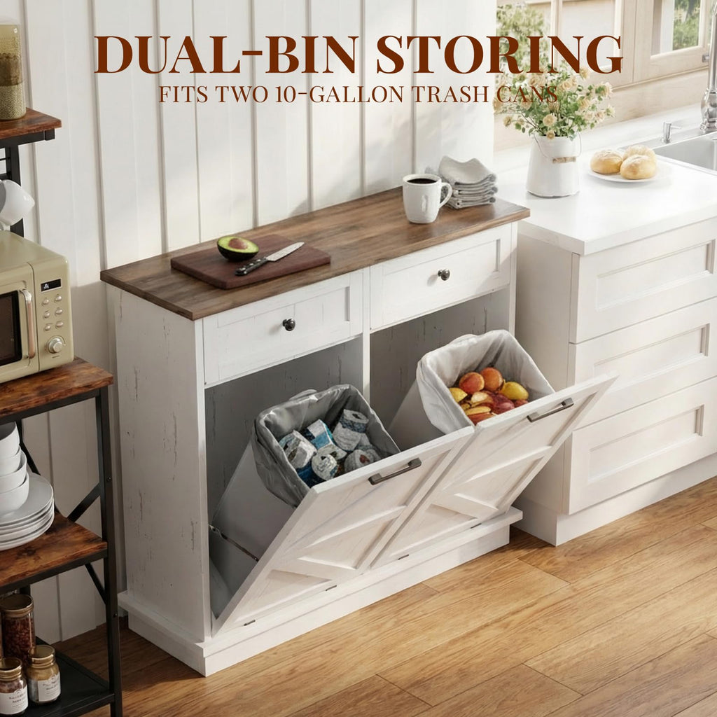 Brown White Double Tilt Out Trash Cabinet with Drawers R7830