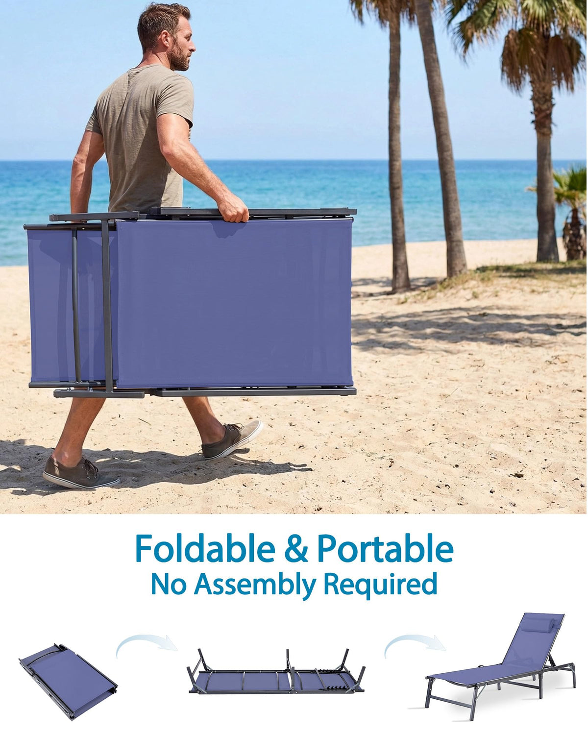 2 Pack Blue Foldable Chaise Lounge Chair with Cup Holder and Pillow V806